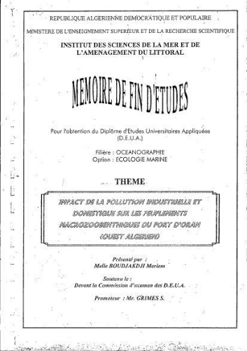 Impact de la pollution industrielle et domestique sur les peuplements macrozoobenthiques du port d'Oran (Ouest Algérien) Impact de la pollution industrielle et domestique sur les peuplements macrozoobenthiques du port d'Oran (Ouest Algérien)
