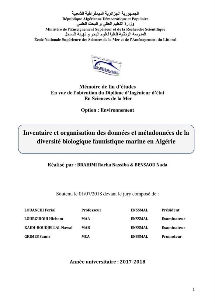 Inventaire et organisation des données et métadonnées de la diversité biologique faunistique marine en Algérie.