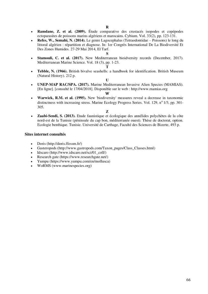 Inventaire et organisation des données et métadonnées de la diversité biologique faunistique marine en Algérie.