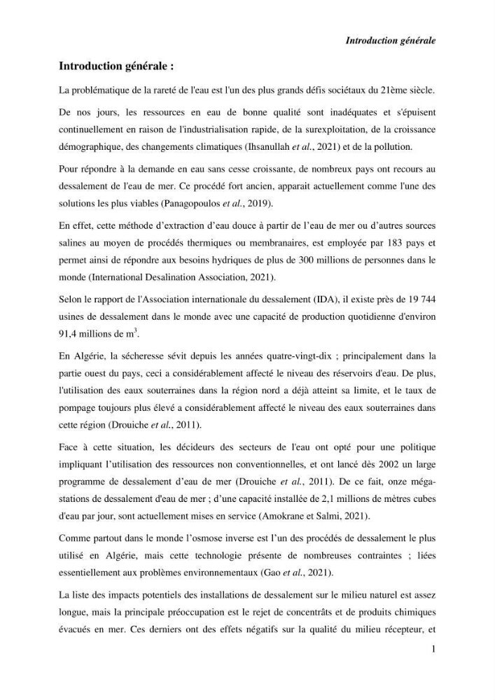 Caractérisation des rejets de saumure des stations de dessalement et leur impact sur le milieu récepteur: