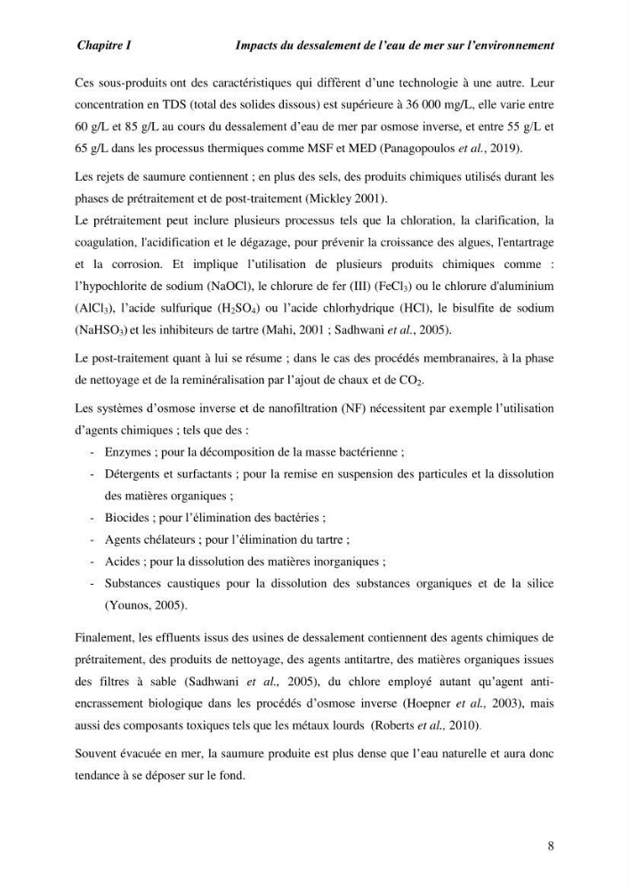 Caractérisation des rejets de saumure des stations de dessalement et leur impact sur le milieu récepteur: