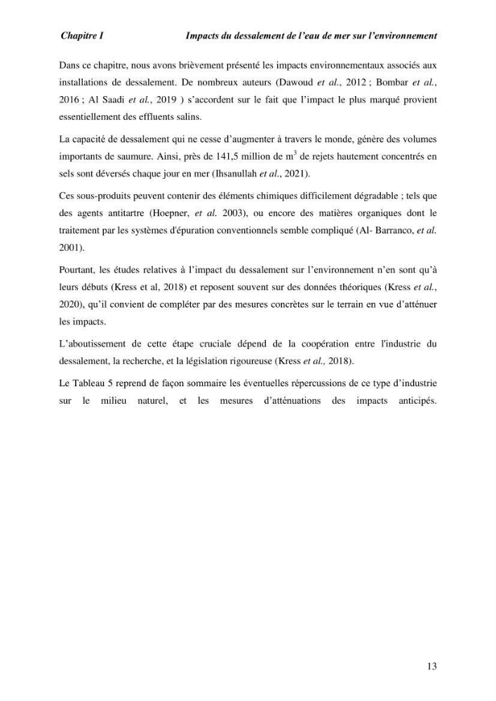 Caractérisation des rejets de saumure des stations de dessalement et leur impact sur le milieu récepteur: