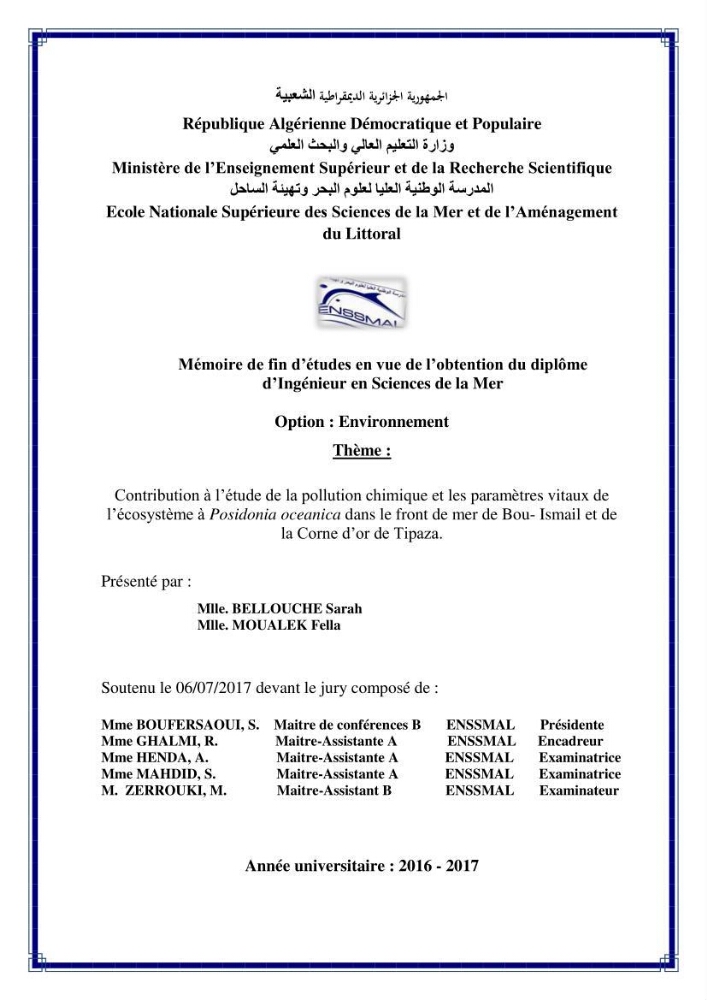 Contribution à l’étude de la pollution chimique et les paramètres vitaux de l’écosystème à Posidonia oceanica dans le front de mer de Bou- Ismail et de la Corne d’or de Tipaza.