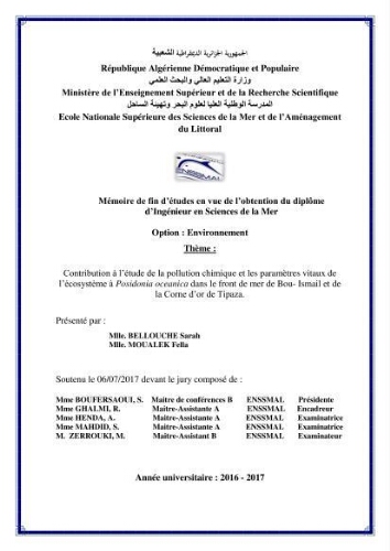 Contribution à l’étude de la pollution chimique et les paramètres vitaux de l’écosystème à Posidonia oceanica dans le front de mer de Bou- Ismail et de la Corne d’or de Tipaza. Contribution à l’étude de la pollution chimique et les paramètres vitaux de l’écosystème à Posidonia oceanica dans le front de mer de Bou- Ismail et de la Corne d’or de Tipaza.
