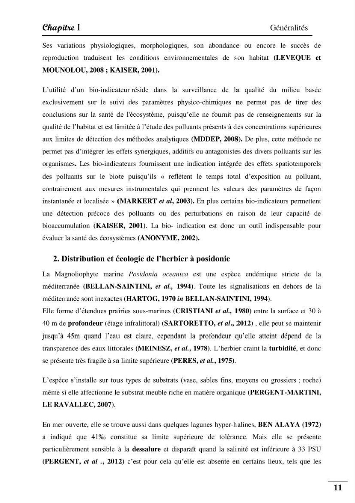 Contribution à l’étude de la pollution chimique et les paramètres vitaux de l’écosystème à Posidonia oceanica dans le front de mer de Bou- Ismail et de la Corne d’or de Tipaza.