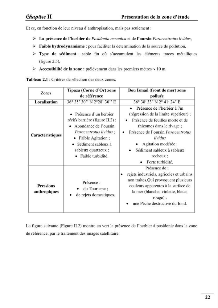Contribution à l’étude de la pollution chimique et les paramètres vitaux de l’écosystème à Posidonia oceanica dans le front de mer de Bou- Ismail et de la Corne d’or de Tipaza.