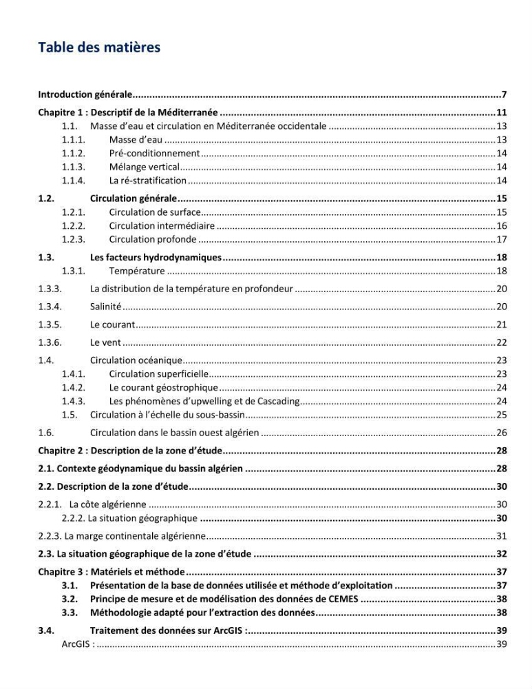 Etude de la circulation marine dans le bassin ouest Algérien