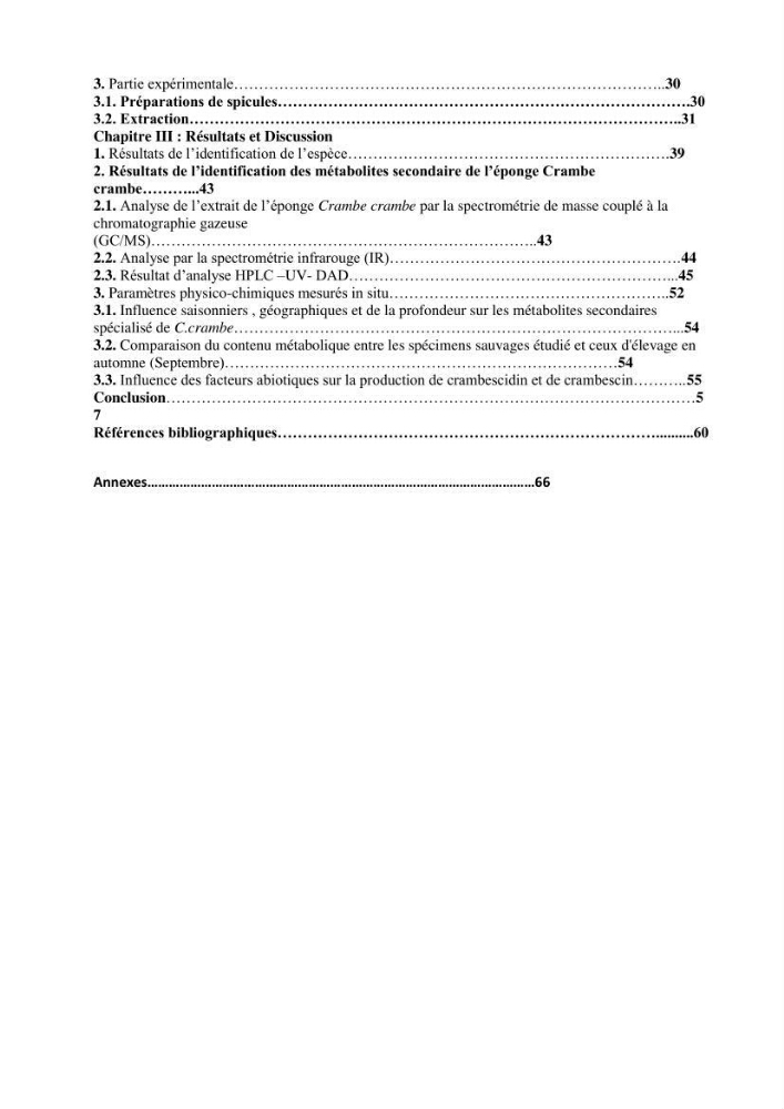 Extraction des métabolites secondaires de l\'éponge cultive Crambe Crambe