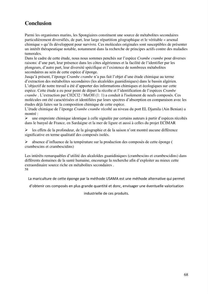 Extraction des métabolites secondaires de l\'éponge cultive Crambe Crambe