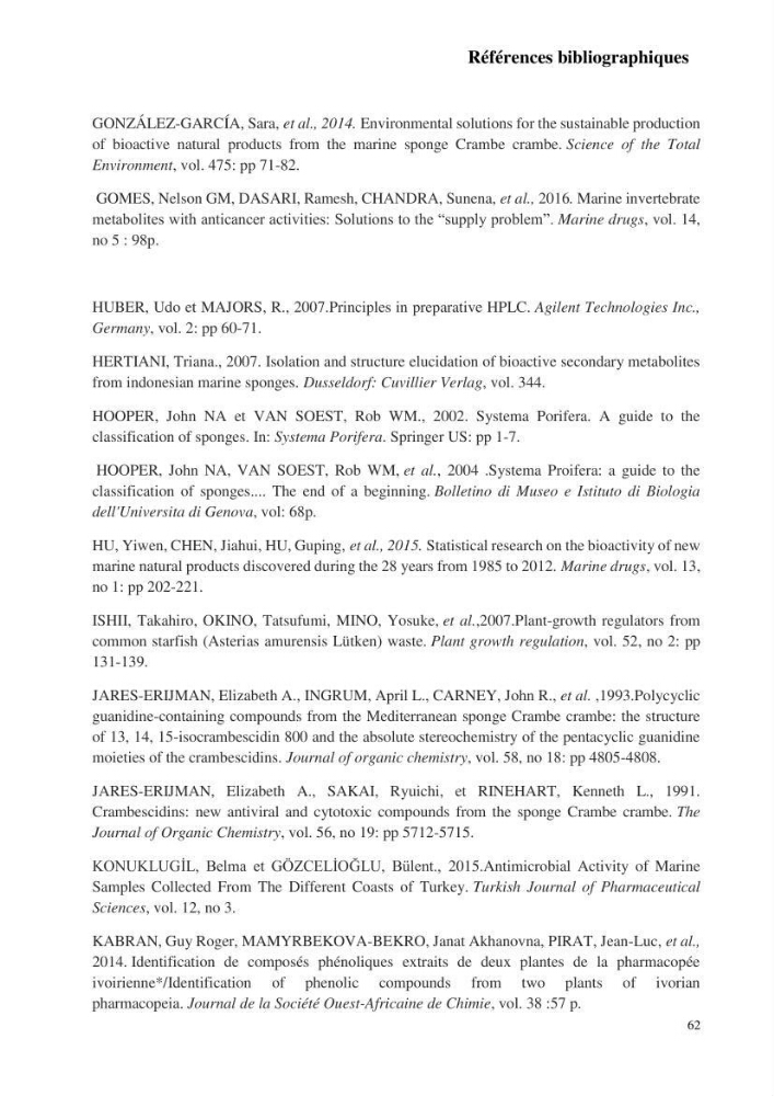 Extraction des métabolites secondaires de l\'éponge cultive Crambe Crambe