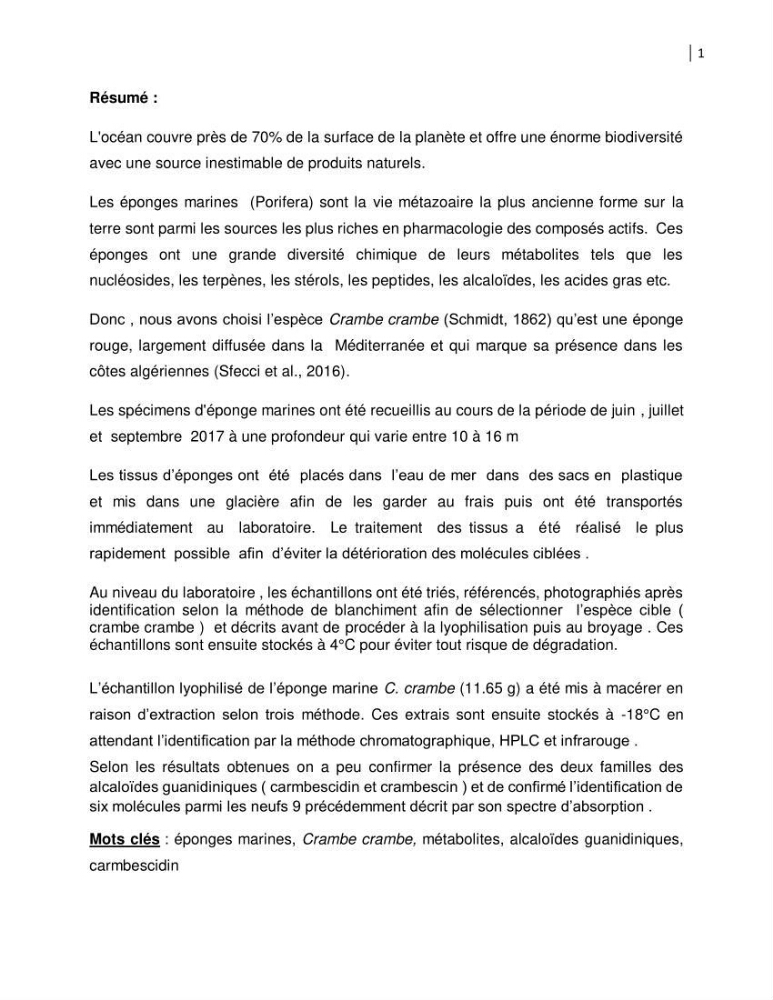Extraction des métabolites secondaires de l\'éponge cultive Crambe Crambe