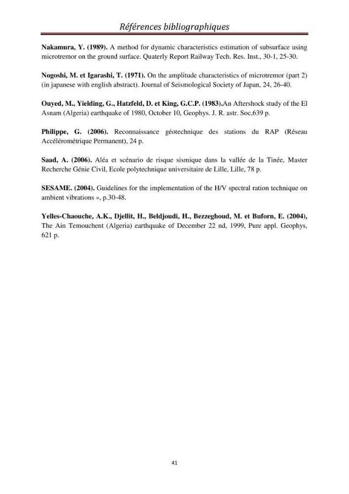 Evaluation des fréquences de résonnance du sol de l\'est de la baie d\'Alger par la méthode H/V-bruit de fond