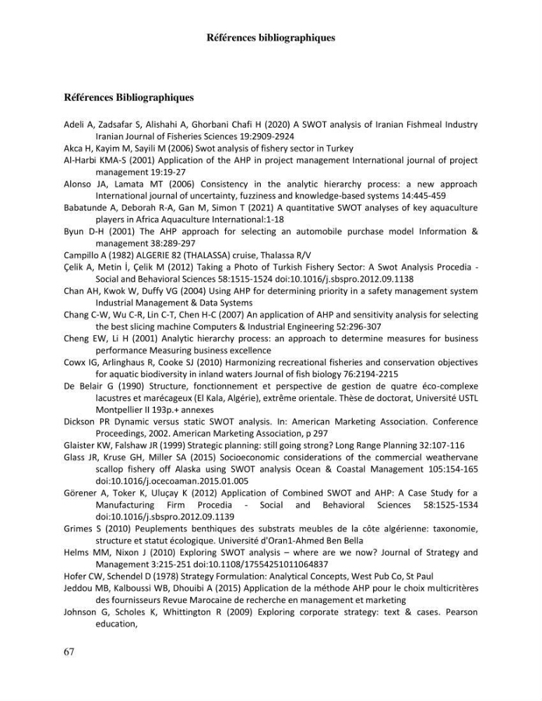 Contribution à l’analyse SWOT(Strengths, Weaknesses, Opportunities, Threats)comme outil d’aide à la décision: Cas de la pêcherie Chalutière de la wilaya de Tipaza