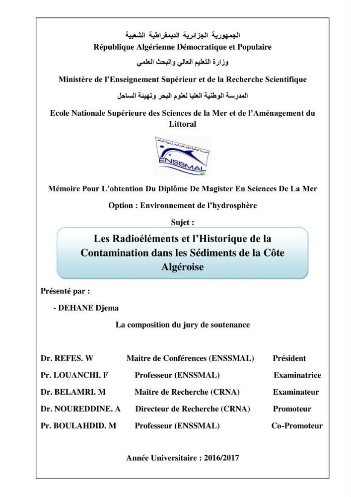 Les radioéléments et l\'historique de la contamination dans les sédiments de la côte algéroise :