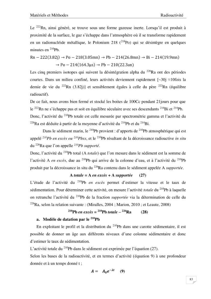 Les radioéléments et l\'historique de la contamination dans les sédiments de la côte algéroise :