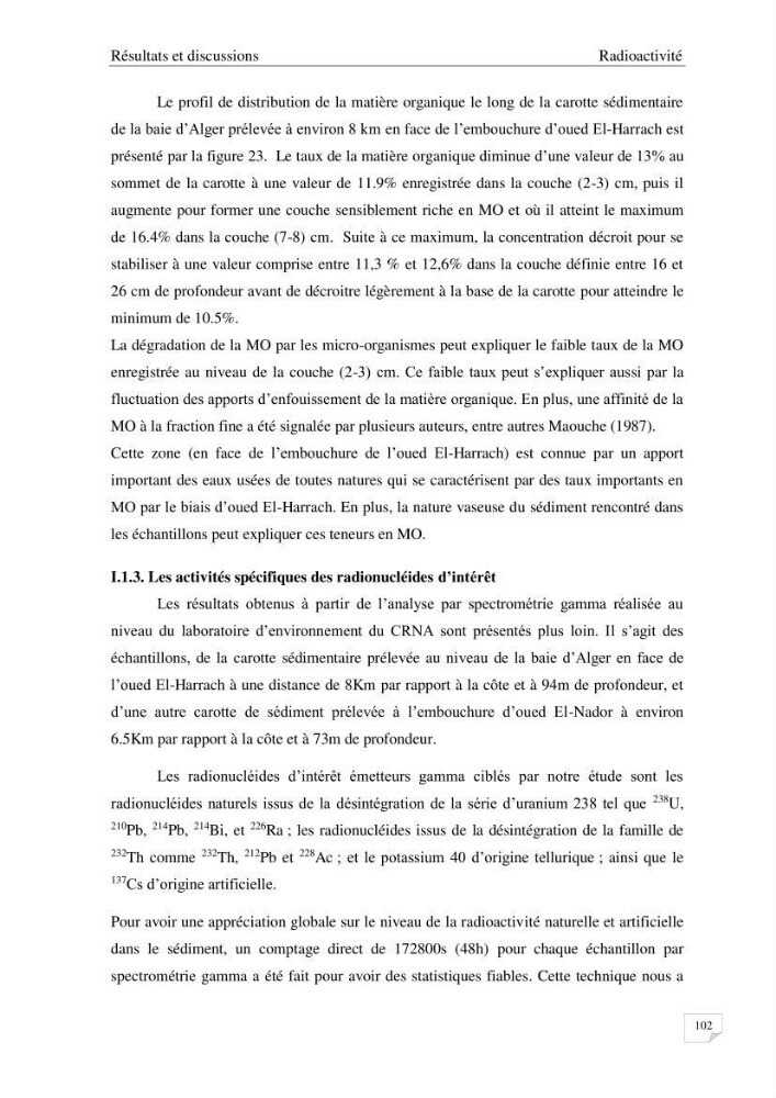 Les radioéléments et l\'historique de la contamination dans les sédiments de la côte algéroise :