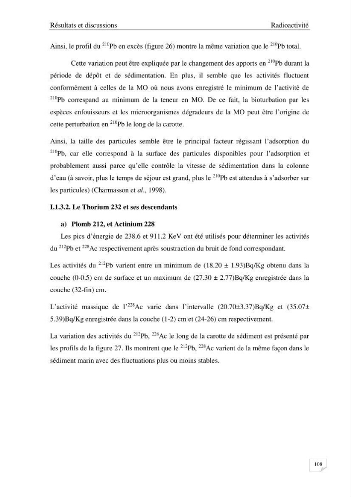 Les radioéléments et l\'historique de la contamination dans les sédiments de la côte algéroise :