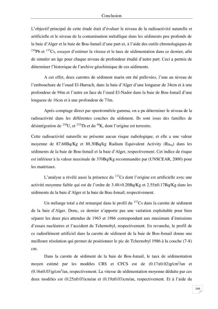 Les radioéléments et l\'historique de la contamination dans les sédiments de la côte algéroise :