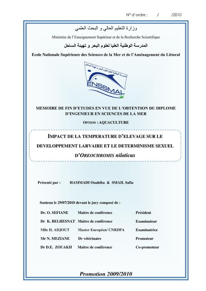 Impact de la température d\'élevage sur le développement larvaire et le determinisme sexuel d\'oreochromis niloticus: