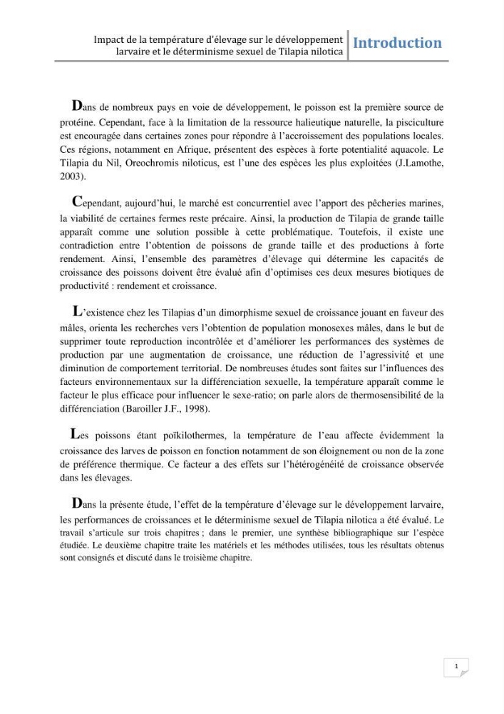 Impact de la température d\'élevage sur le développement larvaire et le determinisme sexuel d\'oreochromis niloticus: