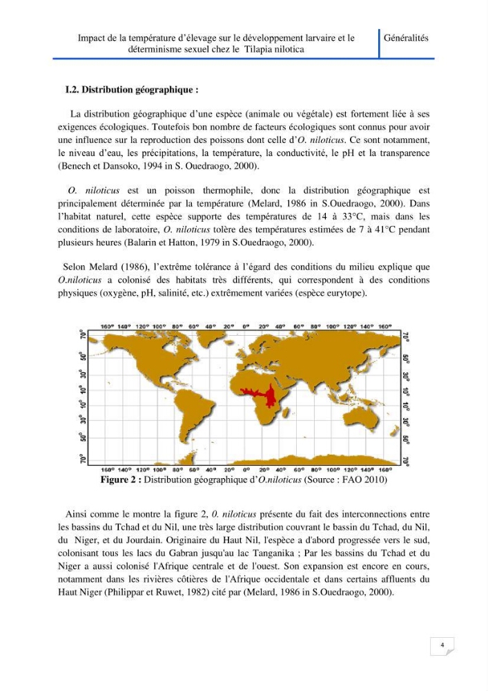 Impact de la température d\'élevage sur le développement larvaire et le determinisme sexuel d\'oreochromis niloticus: