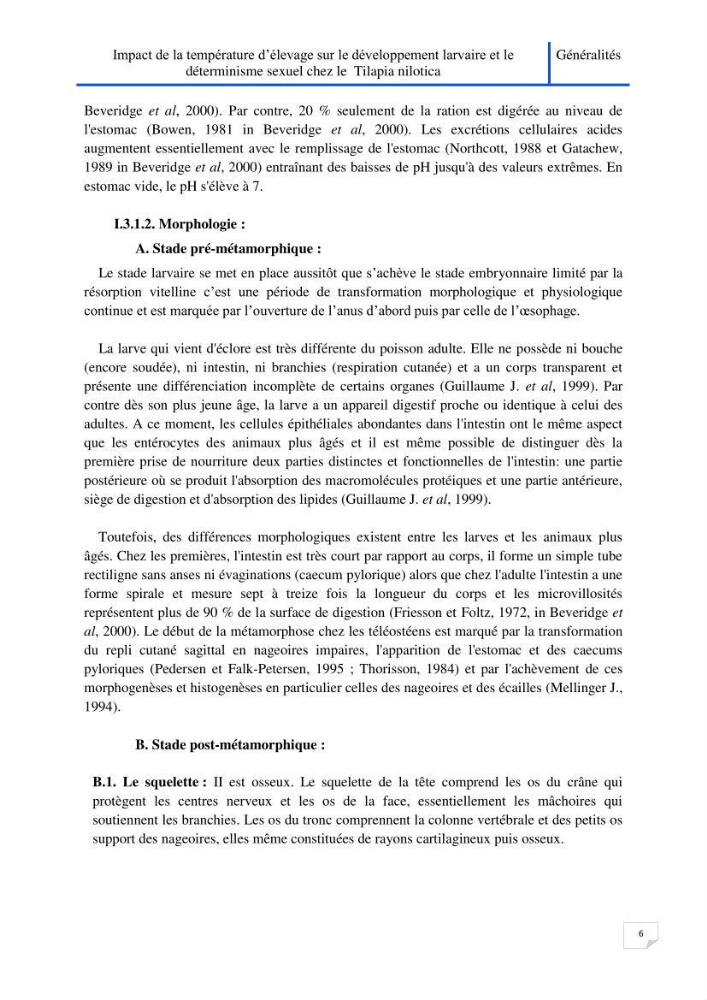 Impact de la température d\'élevage sur le développement larvaire et le determinisme sexuel d\'oreochromis niloticus:
