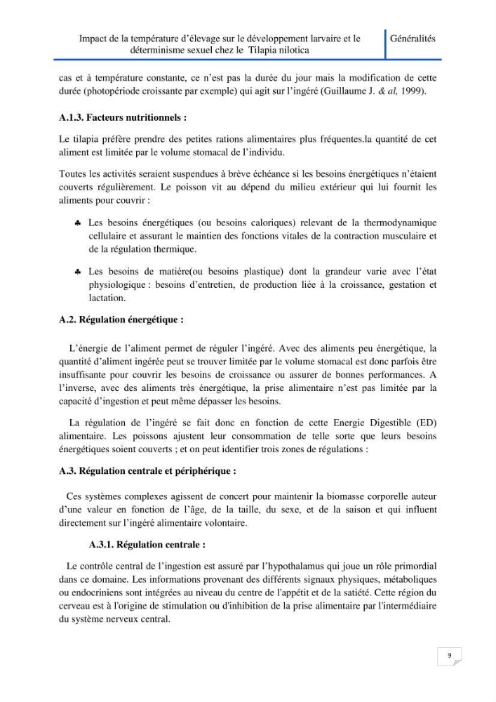 Impact de la température d\'élevage sur le développement larvaire et le determinisme sexuel d\'oreochromis niloticus:
