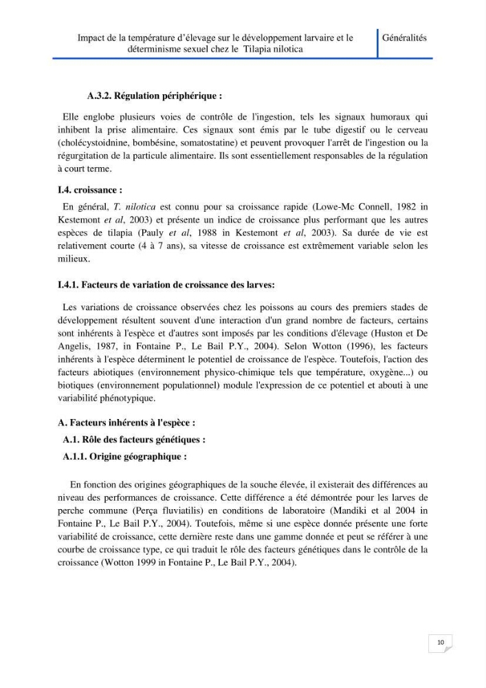 Impact de la température d\'élevage sur le développement larvaire et le determinisme sexuel d\'oreochromis niloticus: