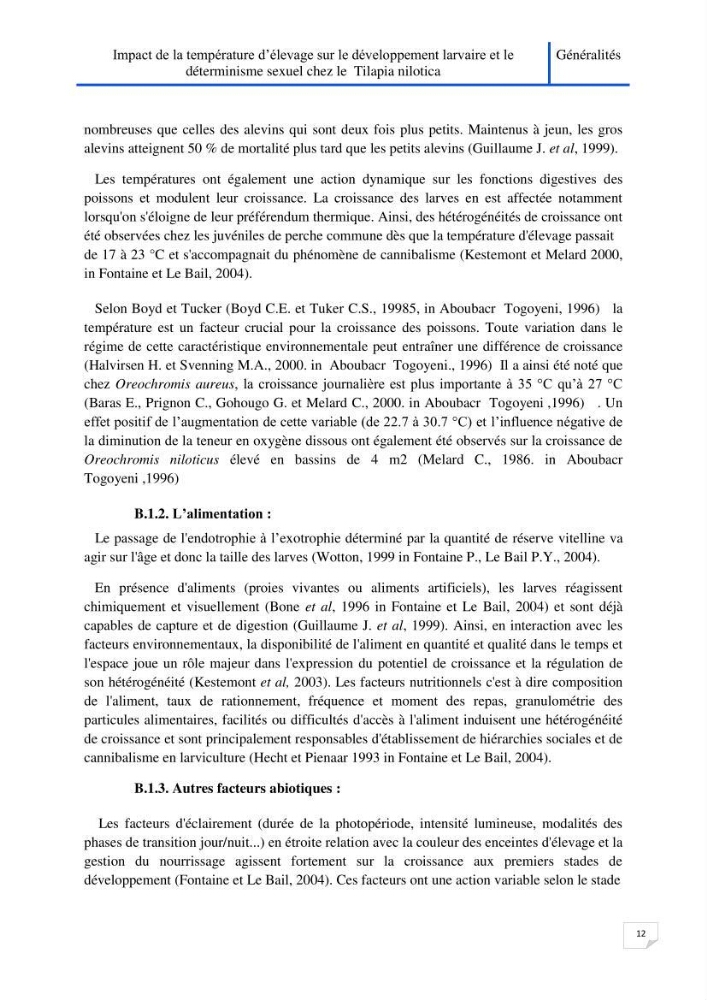 Impact de la température d\'élevage sur le développement larvaire et le determinisme sexuel d\'oreochromis niloticus: