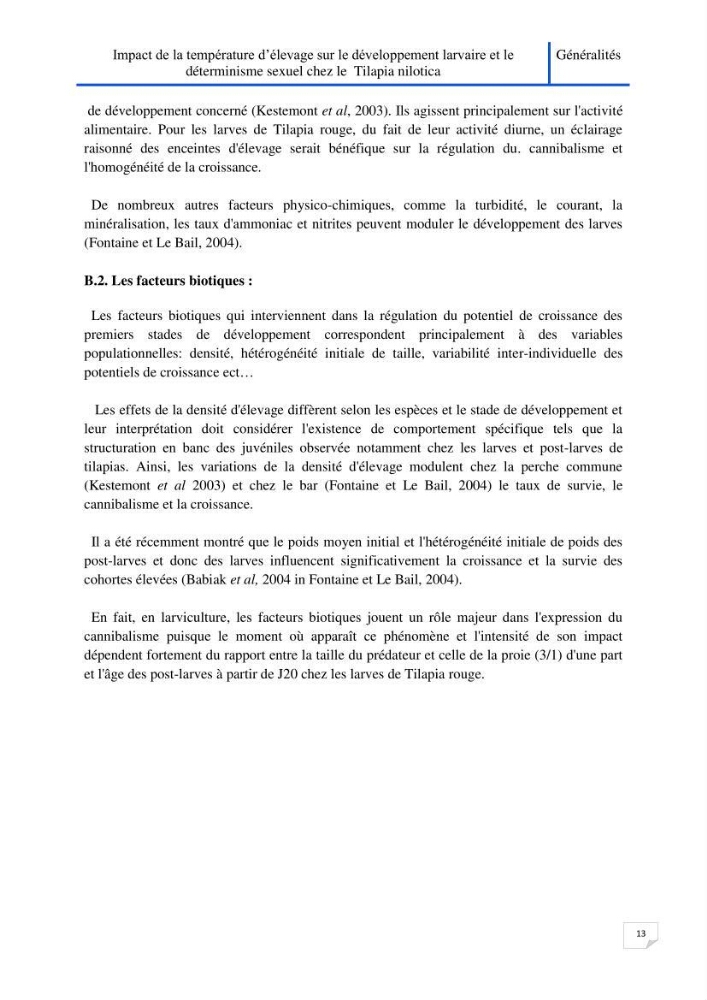 Impact de la température d\'élevage sur le développement larvaire et le determinisme sexuel d\'oreochromis niloticus: