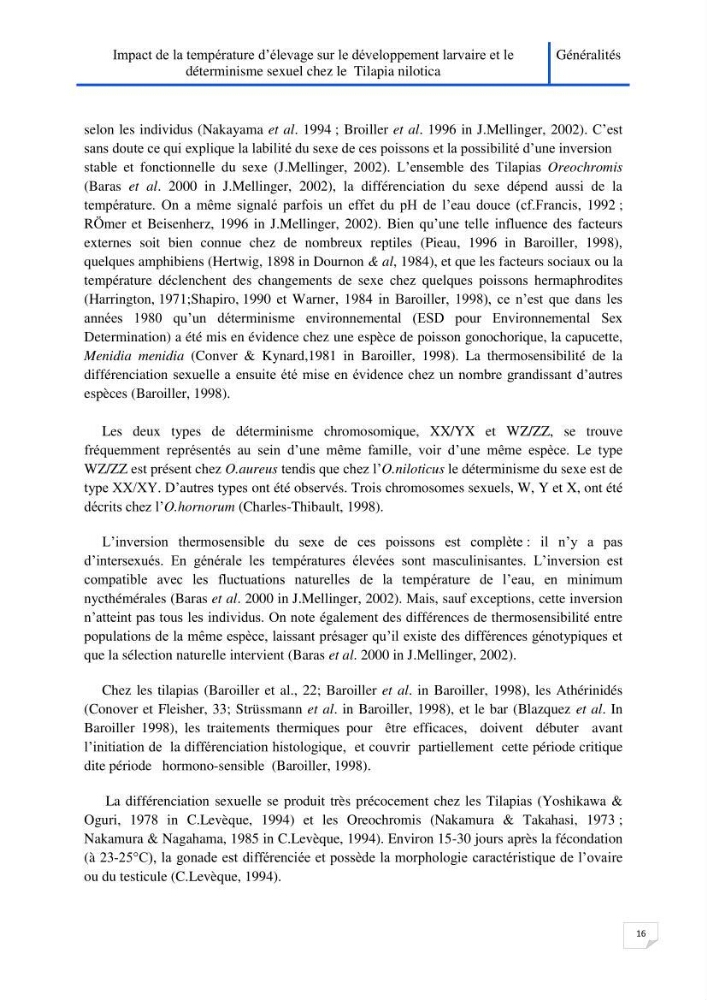 Impact de la température d\'élevage sur le développement larvaire et le determinisme sexuel d\'oreochromis niloticus: