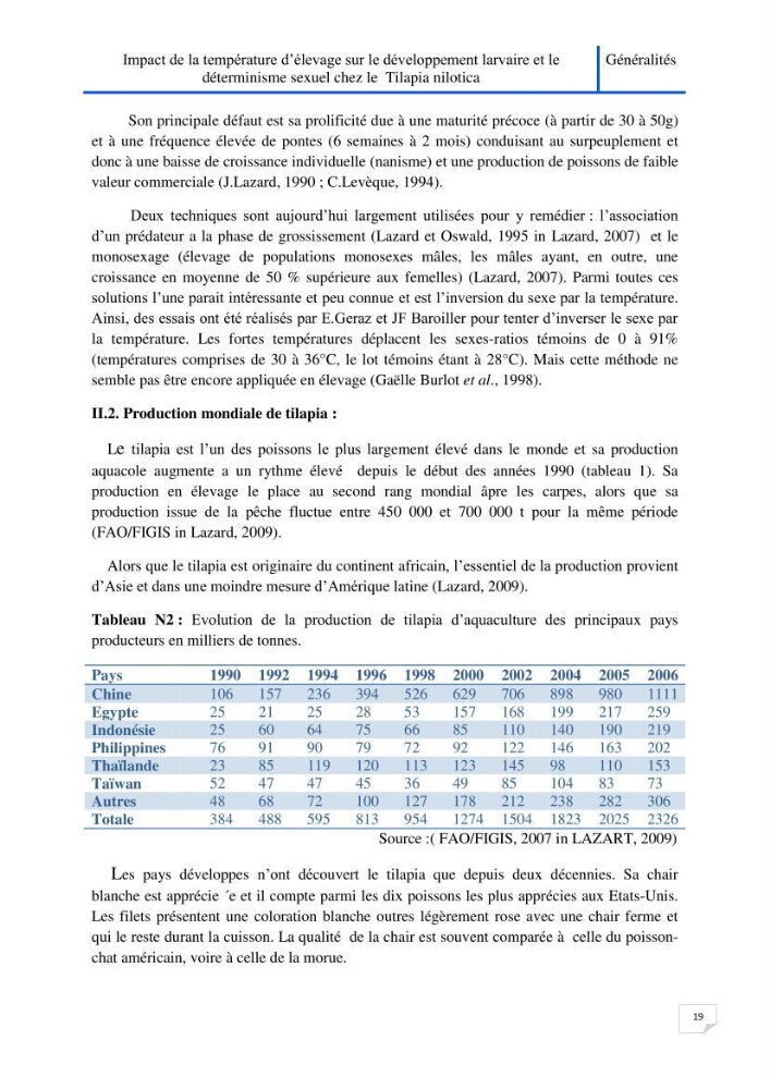 Impact de la température d\'élevage sur le développement larvaire et le determinisme sexuel d\'oreochromis niloticus: