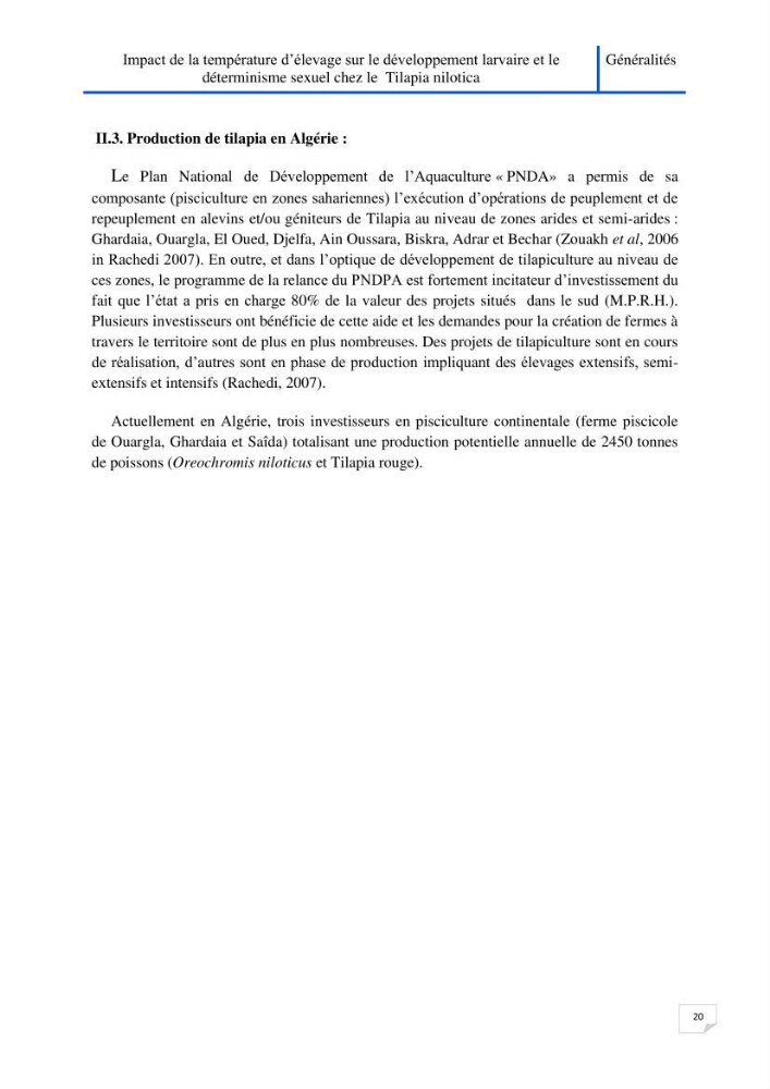Impact de la température d\'élevage sur le développement larvaire et le determinisme sexuel d\'oreochromis niloticus: