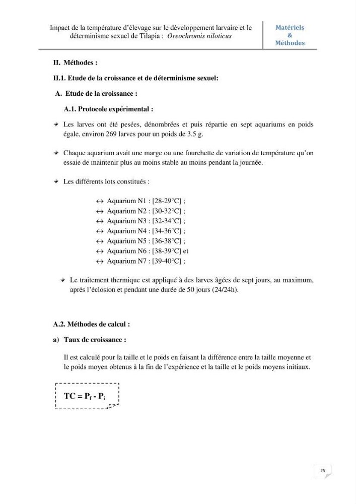 Impact de la température d\'élevage sur le développement larvaire et le determinisme sexuel d\'oreochromis niloticus: