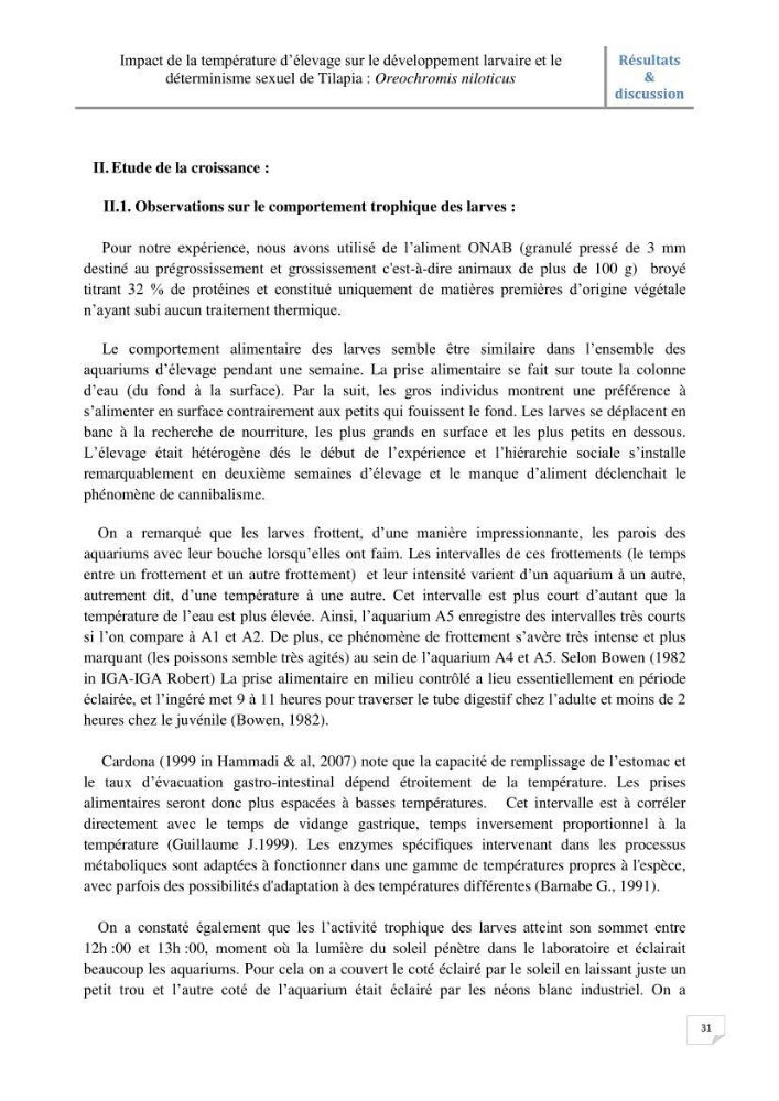 Impact de la température d\'élevage sur le développement larvaire et le determinisme sexuel d\'oreochromis niloticus: