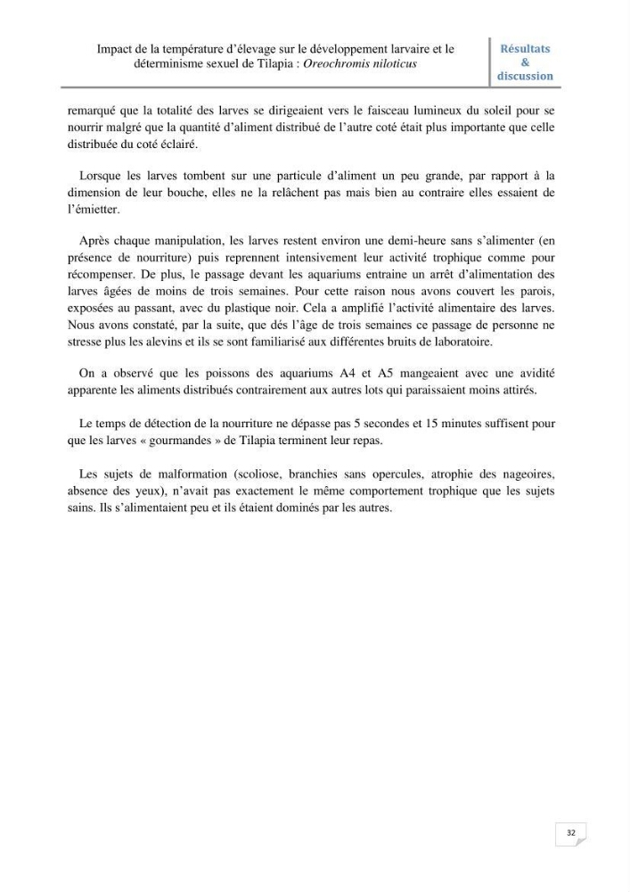 Impact de la température d\'élevage sur le développement larvaire et le determinisme sexuel d\'oreochromis niloticus: