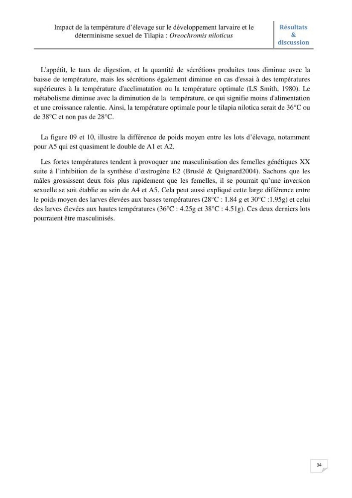 Impact de la température d\'élevage sur le développement larvaire et le determinisme sexuel d\'oreochromis niloticus: