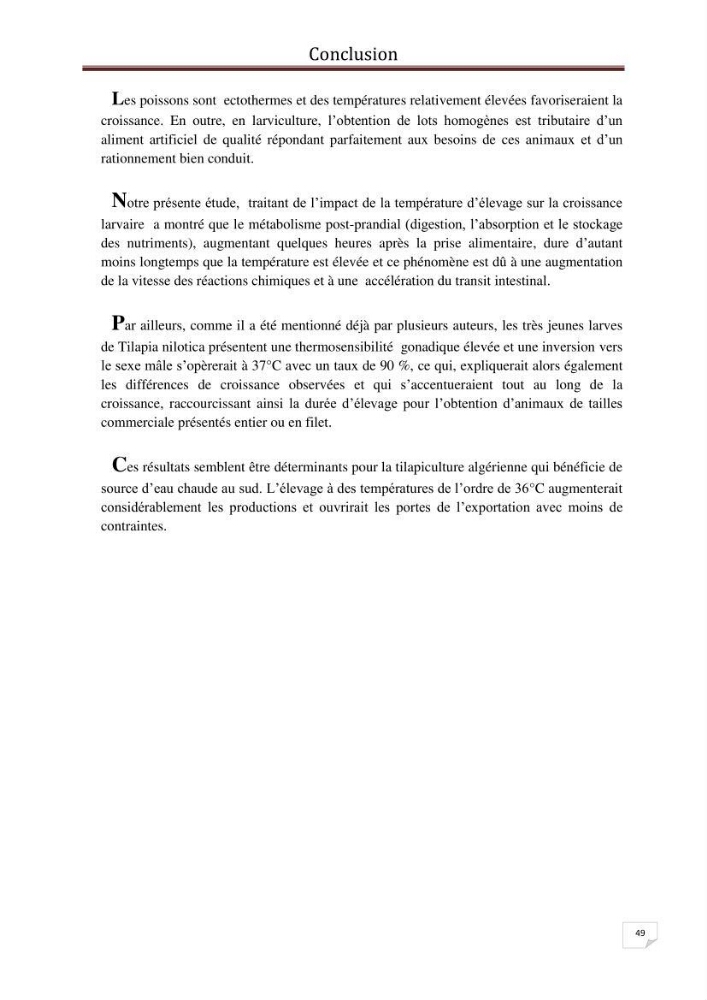 Impact de la température d\'élevage sur le développement larvaire et le determinisme sexuel d\'oreochromis niloticus: