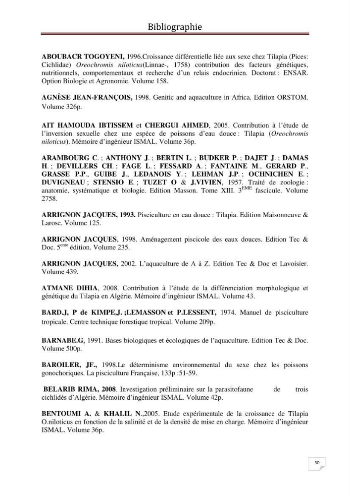 Impact de la température d\'élevage sur le développement larvaire et le determinisme sexuel d\'oreochromis niloticus:
