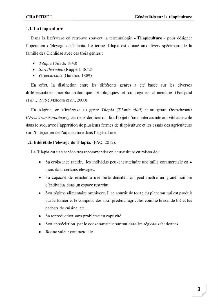 Inventaire des parasites en Tilapiculture dans le sud de l\'Algerie