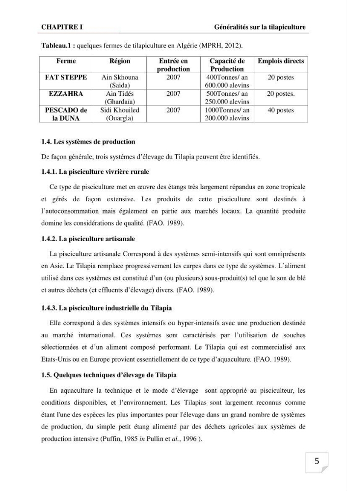Inventaire des parasites en Tilapiculture dans le sud de l\'Algerie