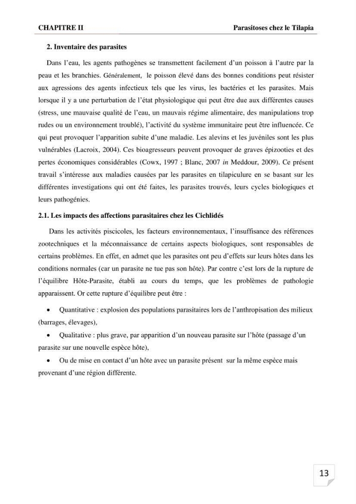 Inventaire des parasites en Tilapiculture dans le sud de l\'Algerie