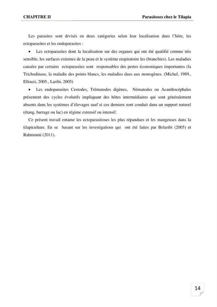 Inventaire des parasites en Tilapiculture dans le sud de l\'Algerie