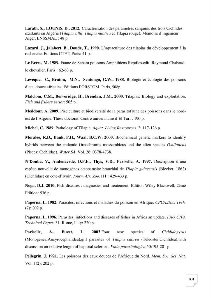 Inventaire des parasites en Tilapiculture dans le sud de l\'Algerie