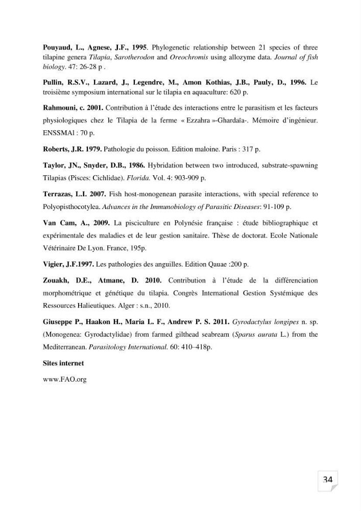 Inventaire des parasites en Tilapiculture dans le sud de l\'Algerie