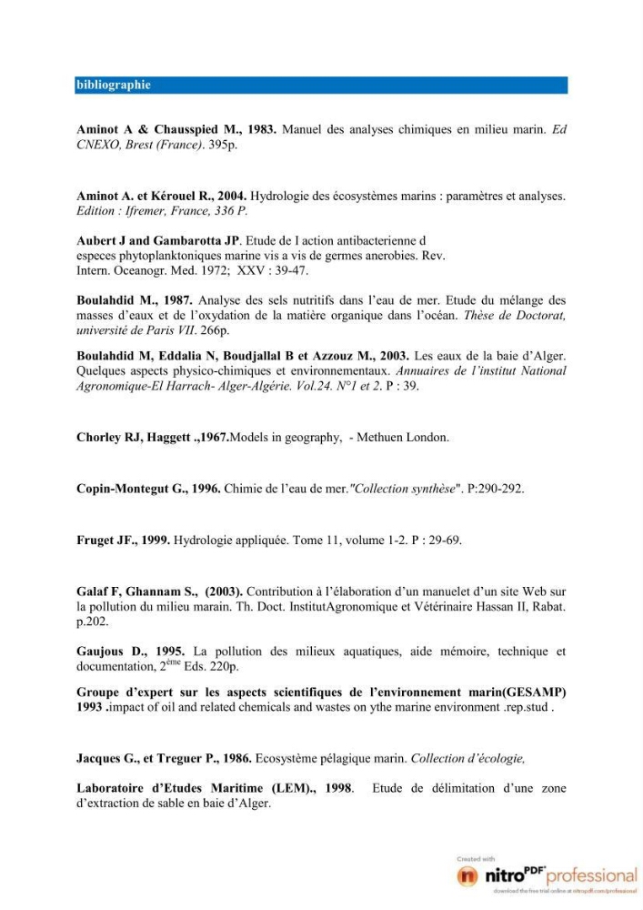 Modelisation spatio-temporelle de paramètres physicochimiques de la pollution en Baie d\'Alger