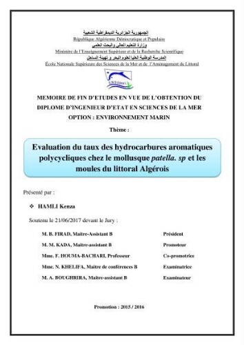 Evaluation du taux des hydrocarbures aromatiques polycycliques chez le mollusque Patella.sp et les moules du littoral Algérois Evaluation du taux des hydrocarbures aromatiques polycycliques chez le mollusque Patella.sp et les moules du littoral Algérois
