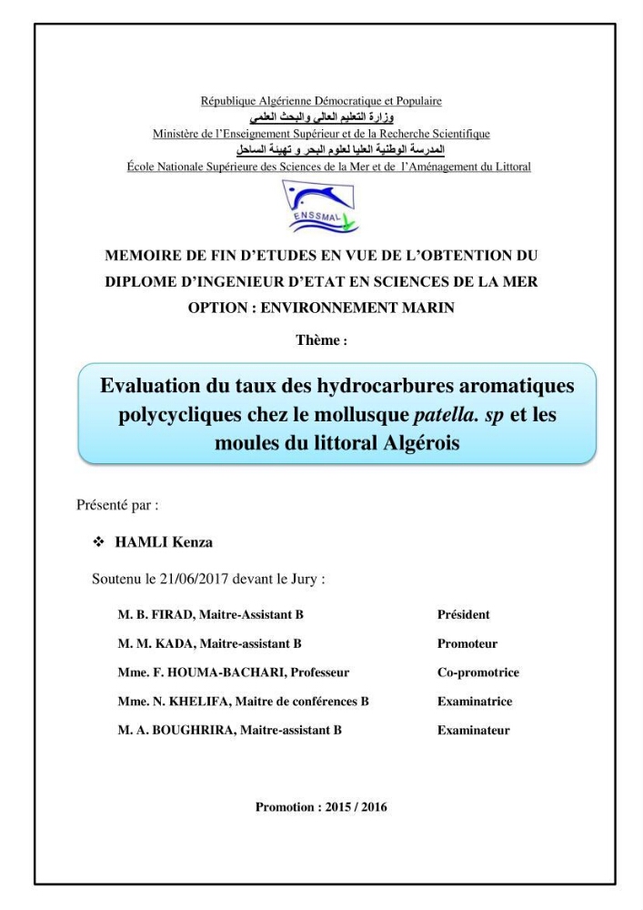 Evaluation du taux des hydrocarbures aromatiques polycycliques chez le mollusque Patella.sp et les moules du littoral Algérois