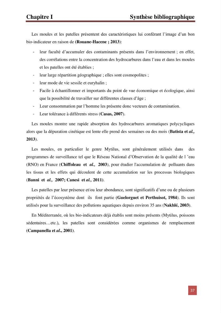 Evaluation du taux des hydrocarbures aromatiques polycycliques chez le mollusque Patella.sp et les moules du littoral Algérois