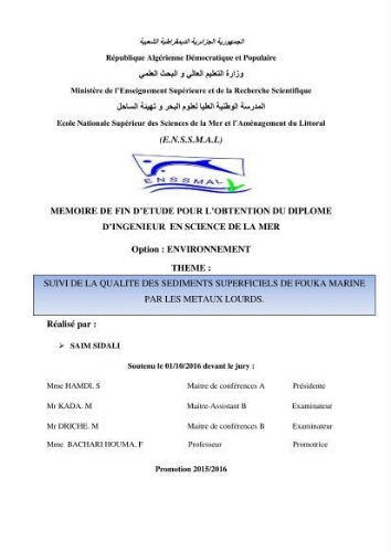Suivi de la qualité des sédiments superficiels de Fouka marine par les métaux lourds Suivi de la qualité des sédiments superficiels de Fouka marine par les métaux lourds